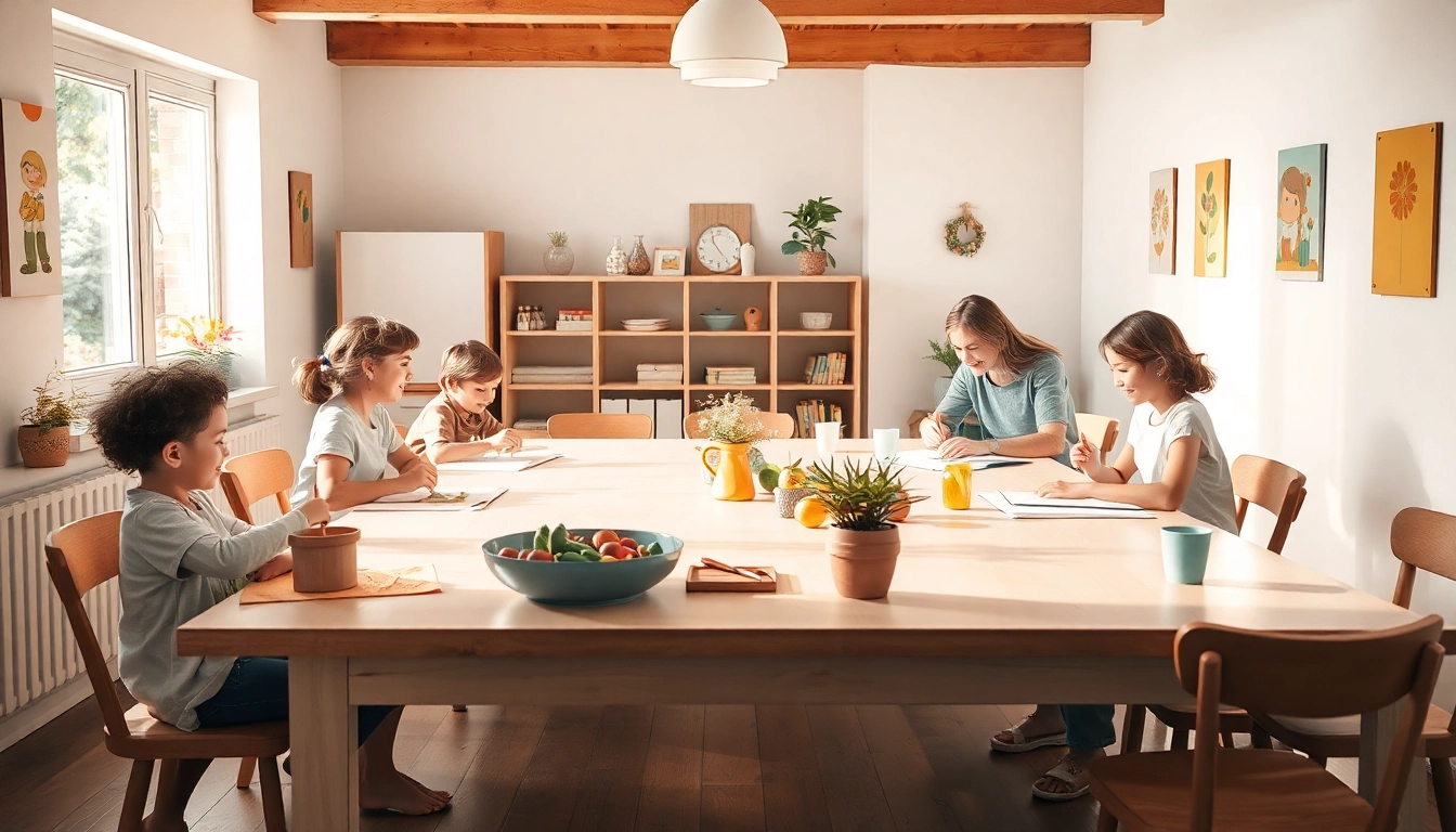 Eltern und Kinder genießen eine kreative Lernatmosphäre beim Heimunterricht mit warmen Farben und natürlichem Licht.