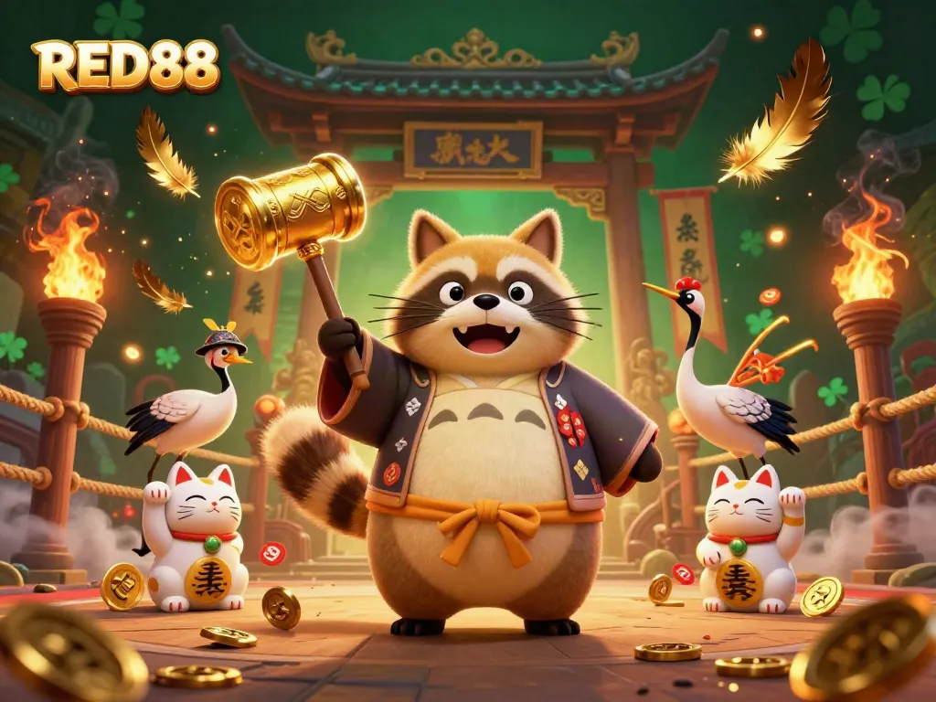 Experience thrilling gameplay at RED88 with cheerful tanuki, samurai crane, and waving fortune cats.