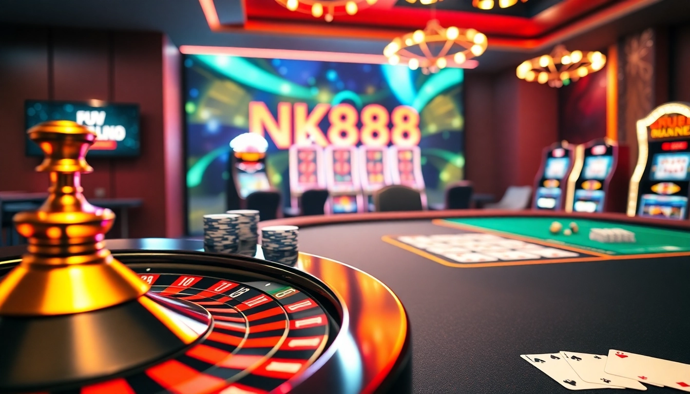 Experience exhilarating online gaming at NK88 with roulette, poker, and vibrant casino visuals.