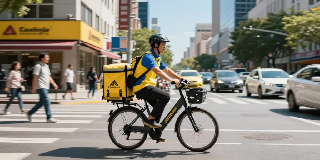Schneller Kurierdienst in Düsseldorf mit einem Fahrer auf einem E-Bike in der Stadt.