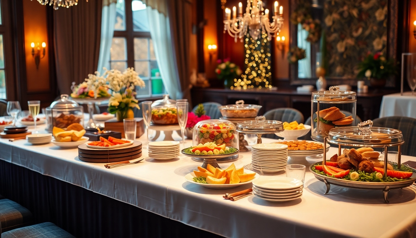 Catering-Bedienung mit einer Auswahl köstlicher Gerichte auf einem elegant eingerichteten Tisch.