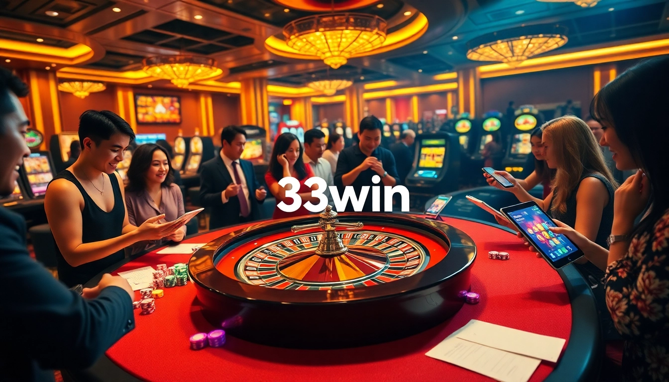 33win players enjoying an exciting gambling experience at a luxurious casino table.