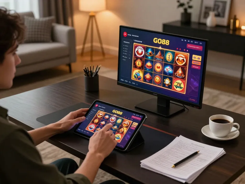 Experience GO88 online gaming with a vibrant tablet setup showcasing exciting casino games.