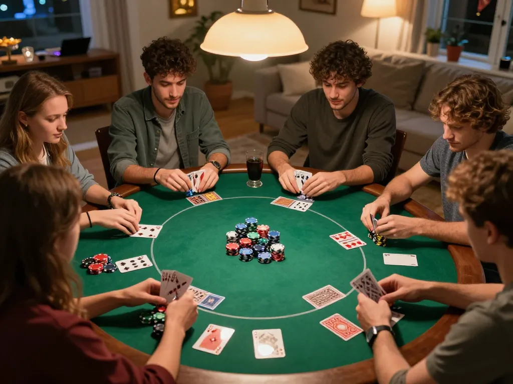 Friends enjoying a lively poker game night at home, showcasing QQ88 atmosphere with colorful chips and focused gameplay.