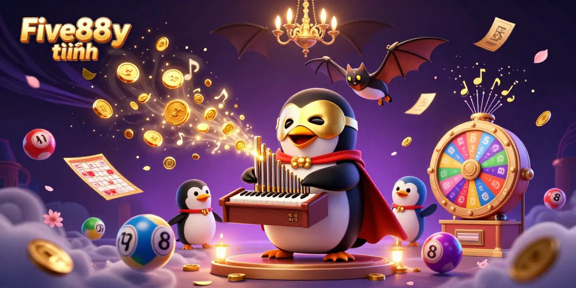 Engage in excitement with Five88uy tín as a penguin plays music amidst golden coins and vibrant game elements.