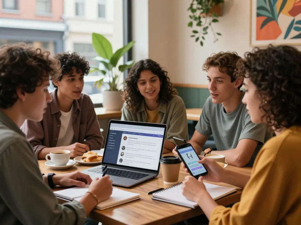 Group discussing sexting ai applications in a trendy café with smartphones and laptops.