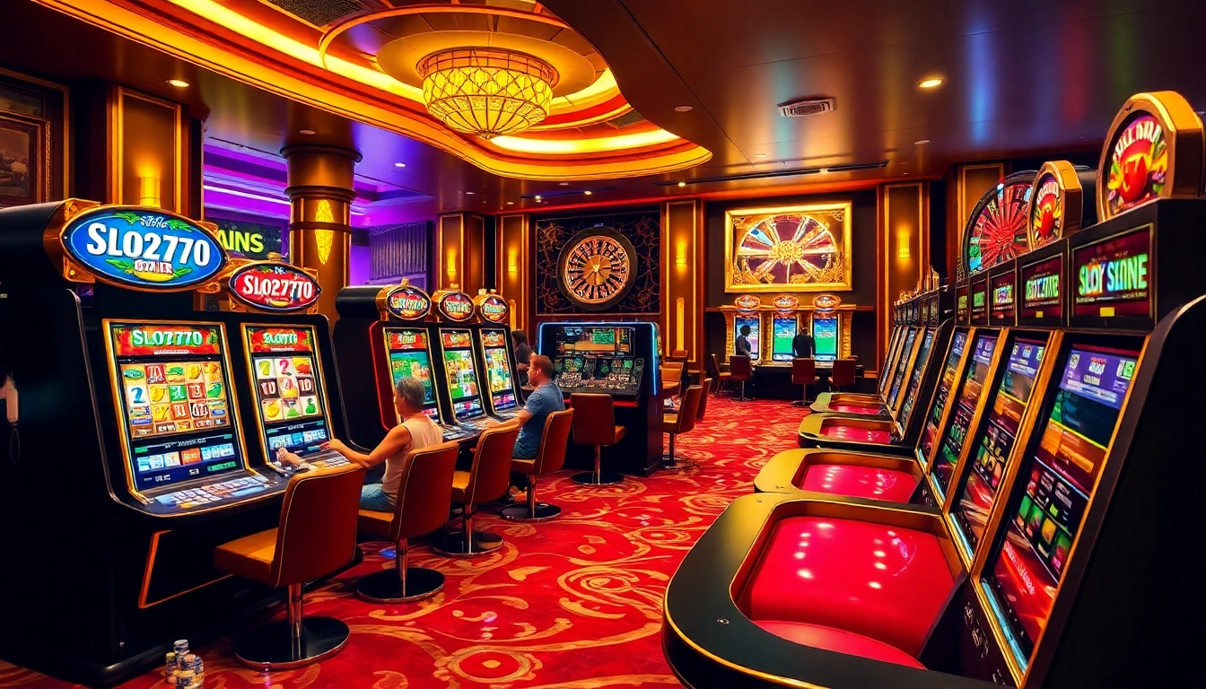Slot777 casino enthusiasts engage with dynamic slot machines in a vibrant atmosphere.