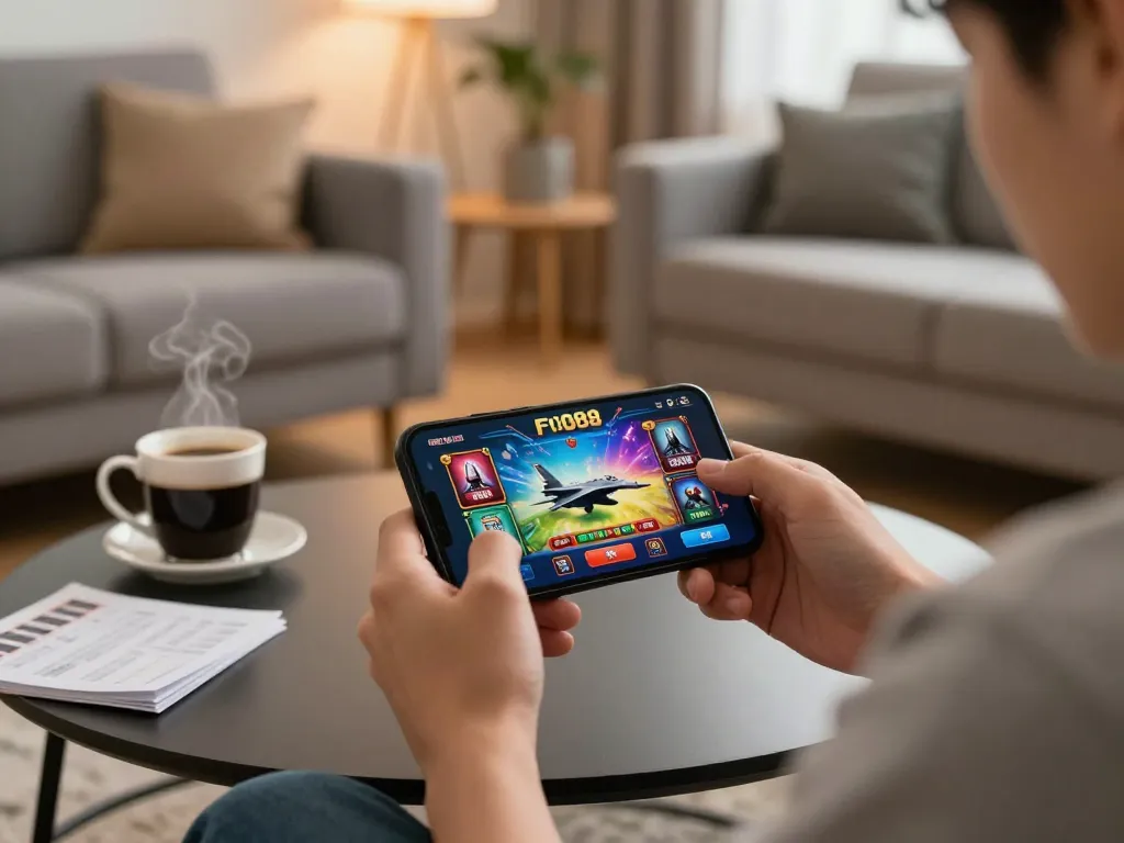 F168 mobile app gaming session with a user ready to place a bet, showcasing vibrant visuals and a cozy atmosphere.