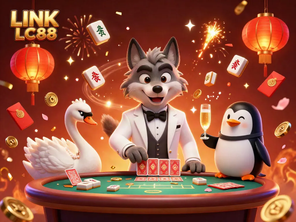 Engage with LINK LC88 at an exciting baccarat table with lively characters and festive elements.