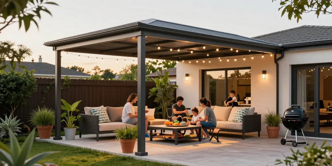 Moderne Terrassenüberdachungen in einem liebevoll gestalteten Garten während einer Familienfeier.