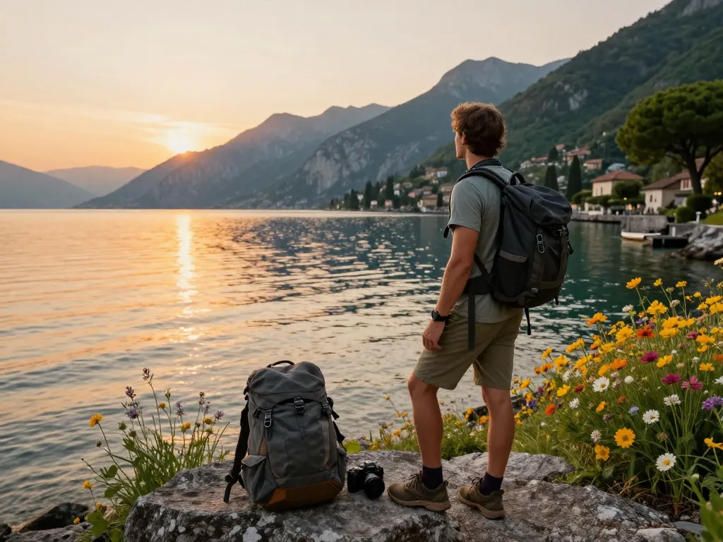 Urlaub am Gardasee genießen, Reisender betrachtet den Sonnenuntergang über den ruhigen Ufern des Gardasees.