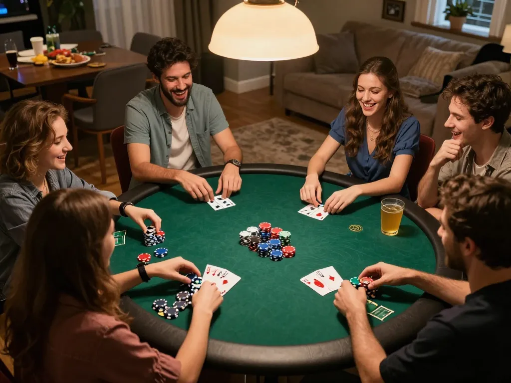 Live poker game with friends showcasing ผลการแข่งขันฟุตบอล excitement and social camaraderie during gameplay.