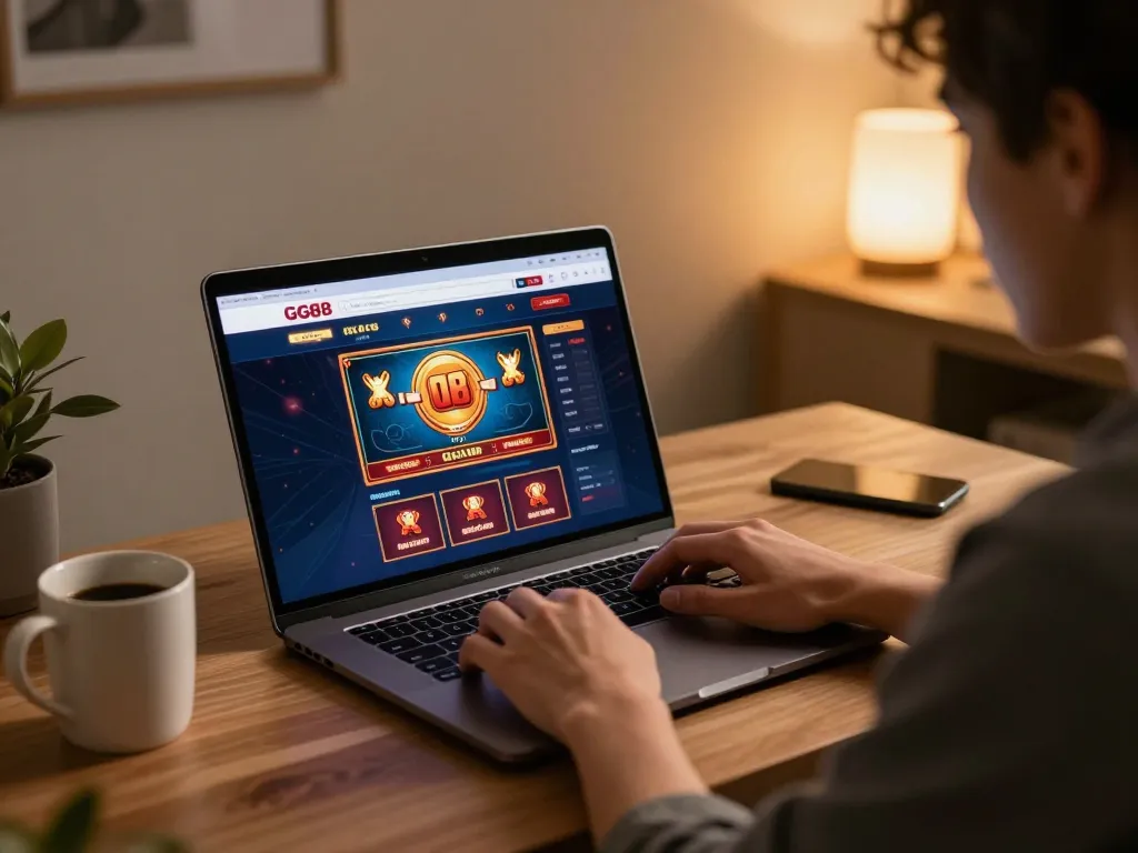 Gambling enthusiast using gg88 online casino site, laptop screen showing gameplay in cozy home setting.