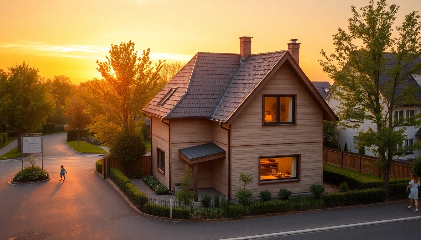 Erforschen Sie das ideale Zuhause beim Hauskauf in einem modernen, familienfreundlichen Wohngebiet am Sonnenuntergang.