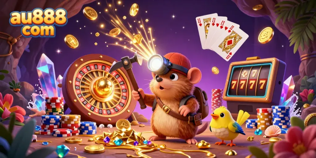 Experience thrilling adventures with au888 com's treasure-hunting mole and exciting gems in this detailed illustration.