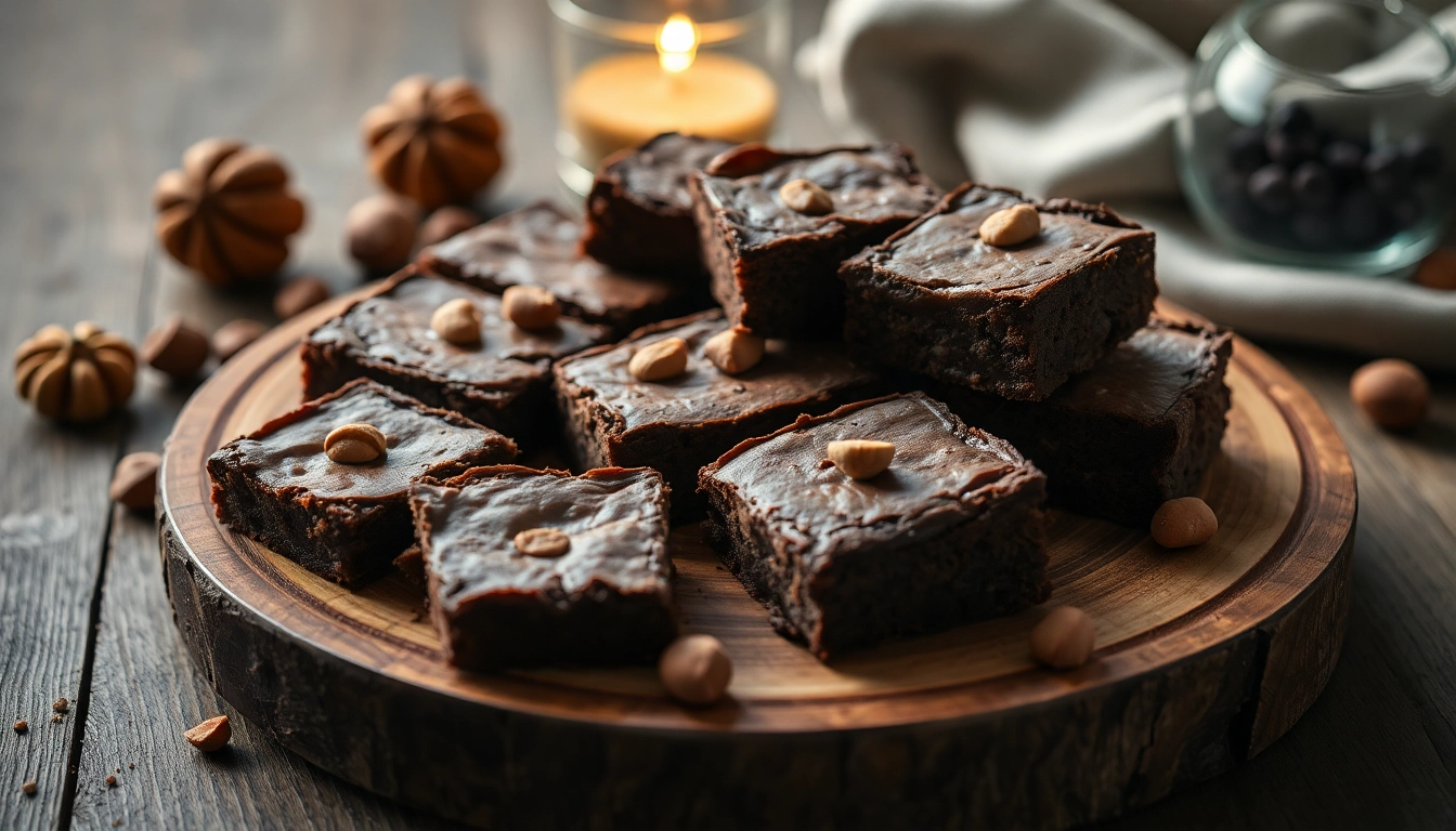 Leckere Hashbrownies auf einem Holzbrett, perfekt dekoriert mit Schokoladensoße und Nüssen.