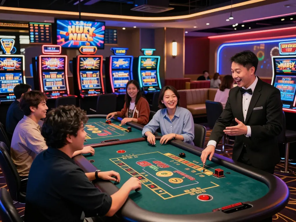 Excited players enjoying the interactive gaming atmosphere at aud77 Casino, showcasing vibrant slot machines and live dealer tables
