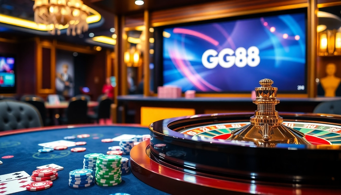 GG88 gaming experience with a luxurious casino table showcasing poker chips and cards.