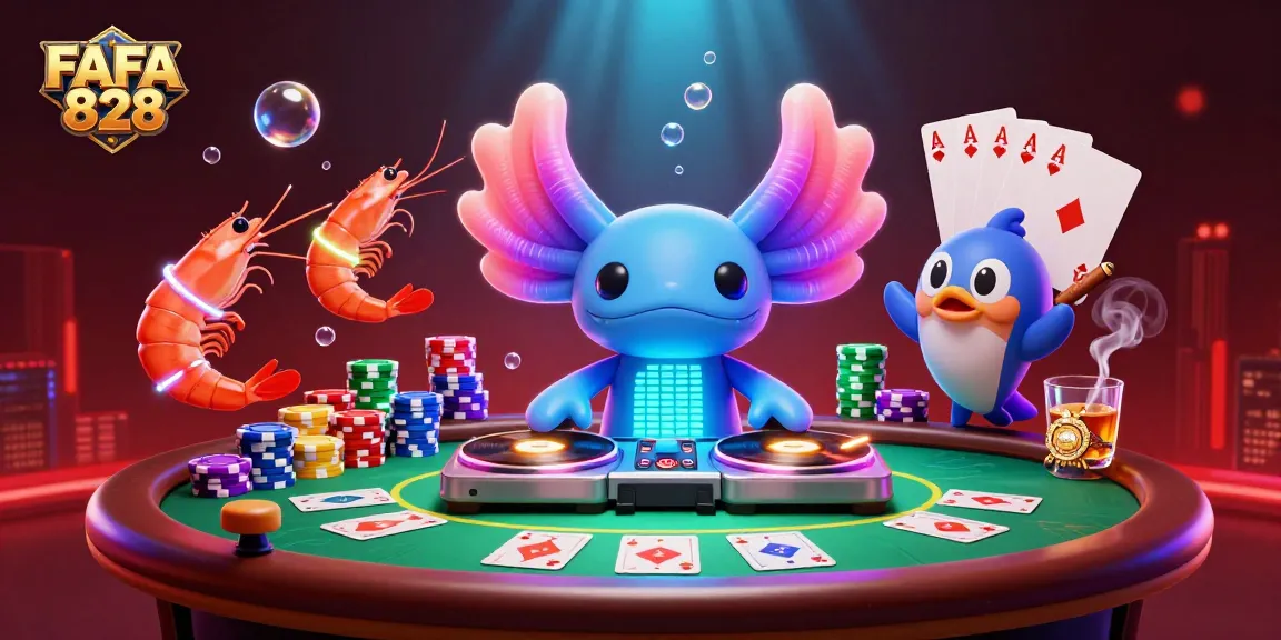 Celebrate gaming excitement with FAFA 828, featuring vibrant characters and poker action in a vibrant casino scene.