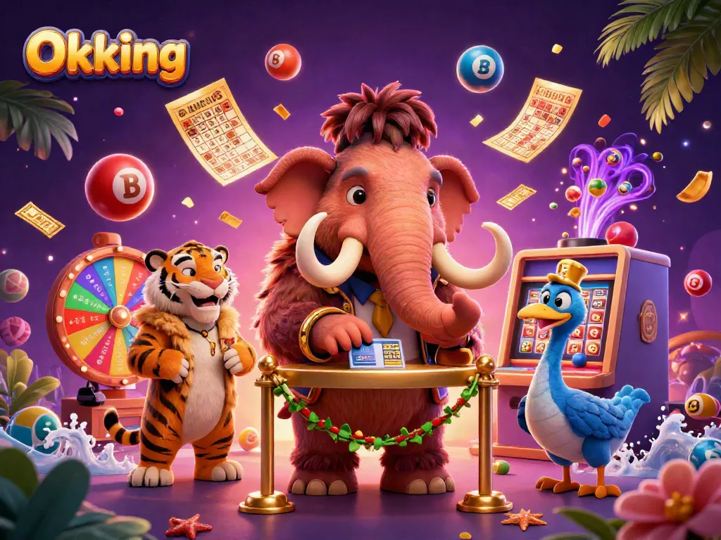 Engage with Okking's vibrant casino scene featuring mammoth bouncer and saber-toothed tiger VIP.