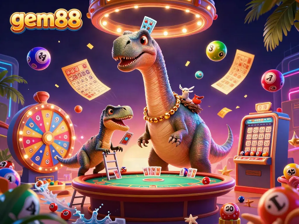 Experience the thrill of gem88 with a playful brontosaurus and raptor in a vibrant casino setting.