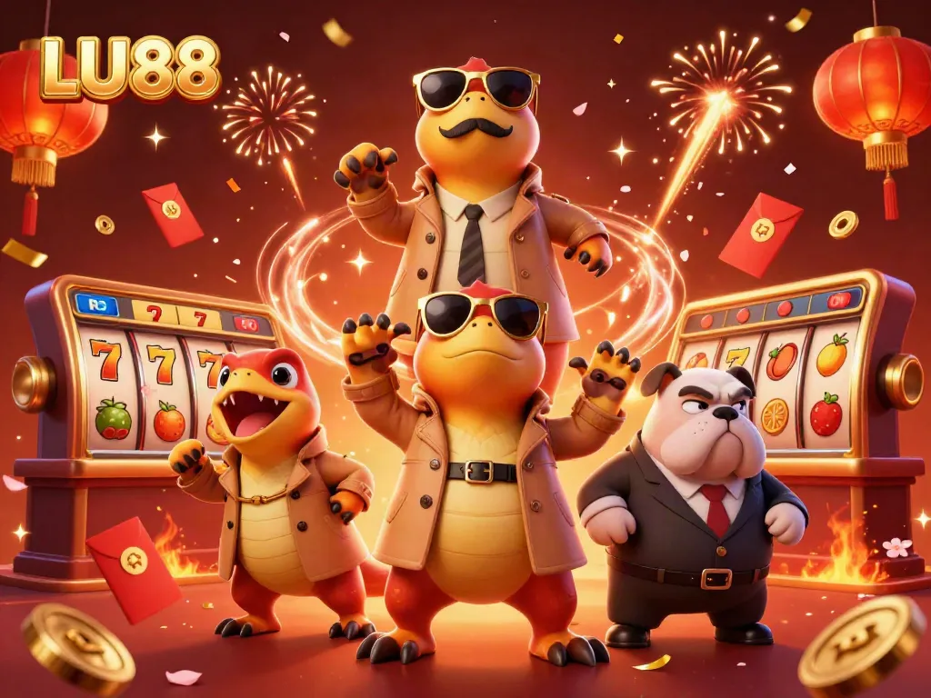 LU88 raptors attempting to enter a casino lounge surrounded by festive casino elements