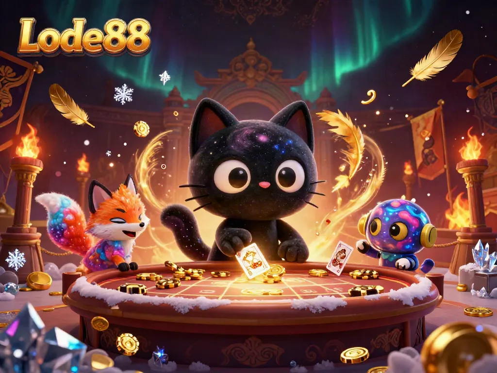 Engage with Lode88's vibrant cosmic casino scene featuring a black hole cat and nebula fox surrounded by golden treasures.