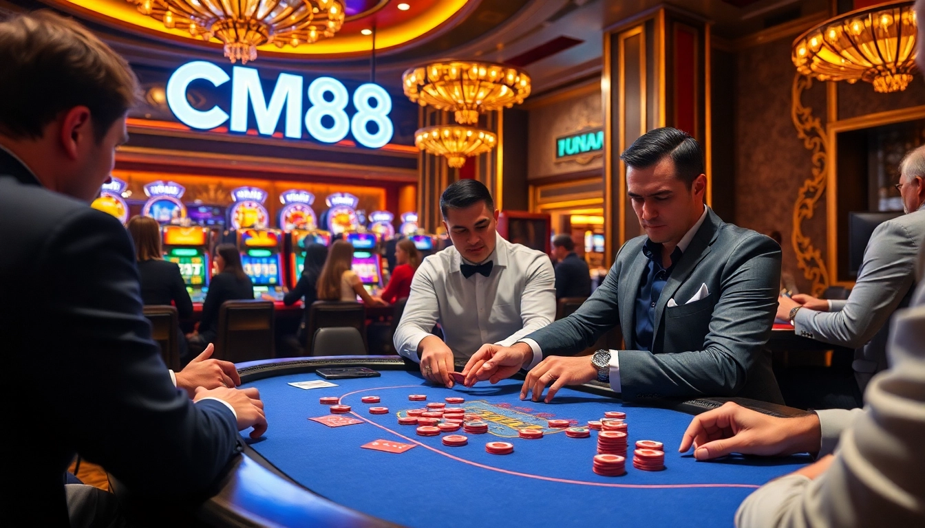 Engage in a thrilling poker game with CM88 at a luxurious casino table.
