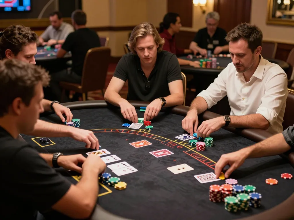 Players strategize their next moves at DN88 blackjack table, showcasing a thrilling casino experience.