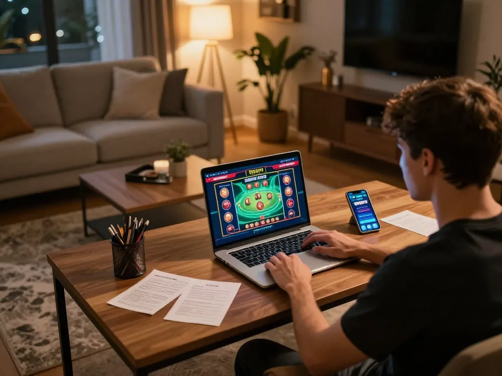 Engaged player using me99 app for online gambling in a cozy home setting