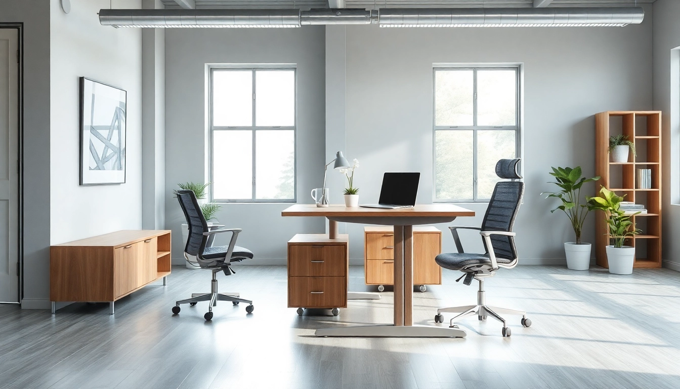 Modernes Büro mit eleganten Büromöbeln und ergonomischem Schreibtisch für optimale Ergonomie.