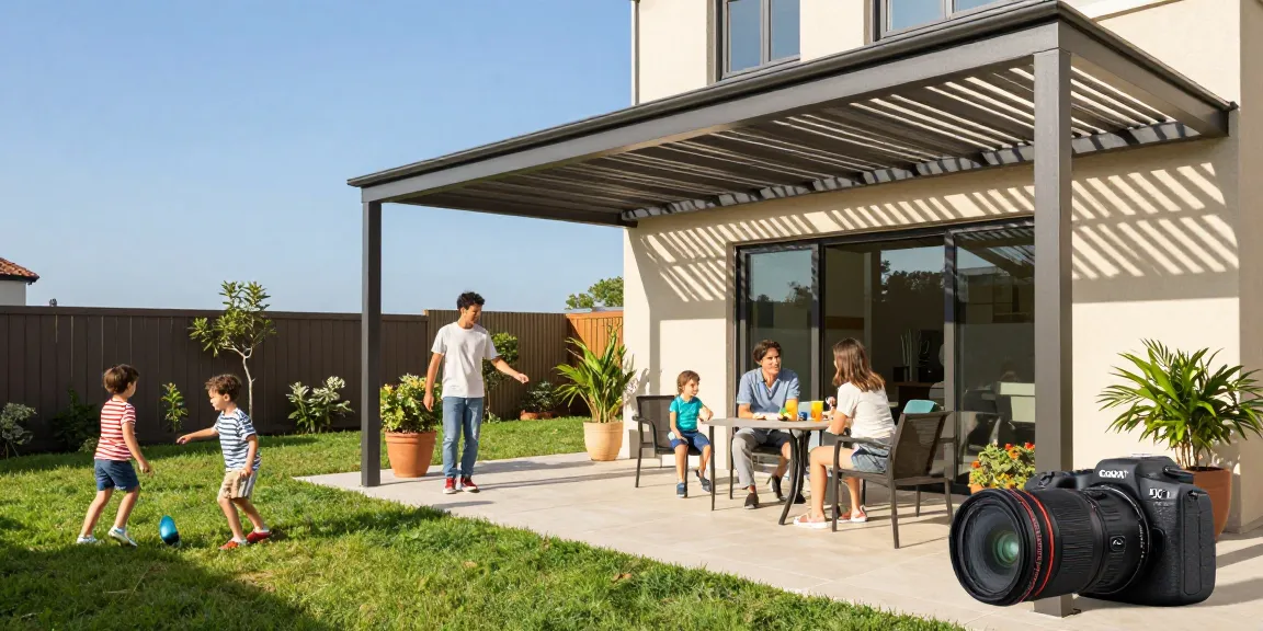 Moderne Terrassenüberdachung mit Aluminium-Pergola, Familie genießt sonnigen Tag im Freien.