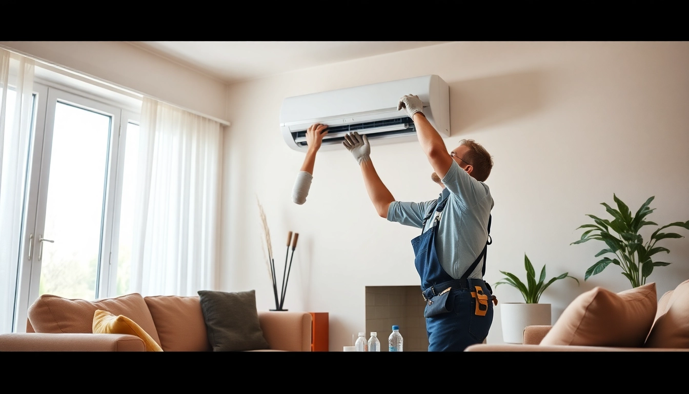 Technician installing Klimaanlagen installieren lassen in a modern living room with natural light.