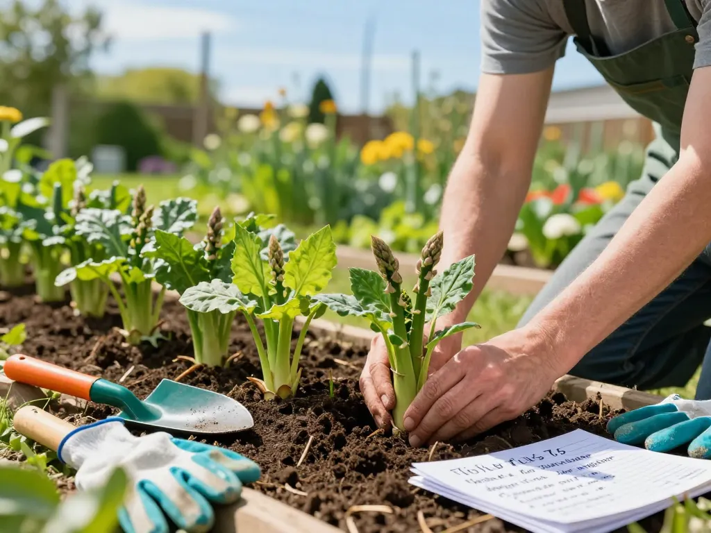 Engaged gardener planting spargelpflanzen in a vibrant garden setting, showcasing expert care and vibrant growth.
