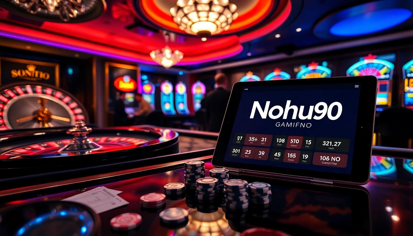 Nohu90 players engaging in an exciting casino atmosphere with roulette and slot machines.