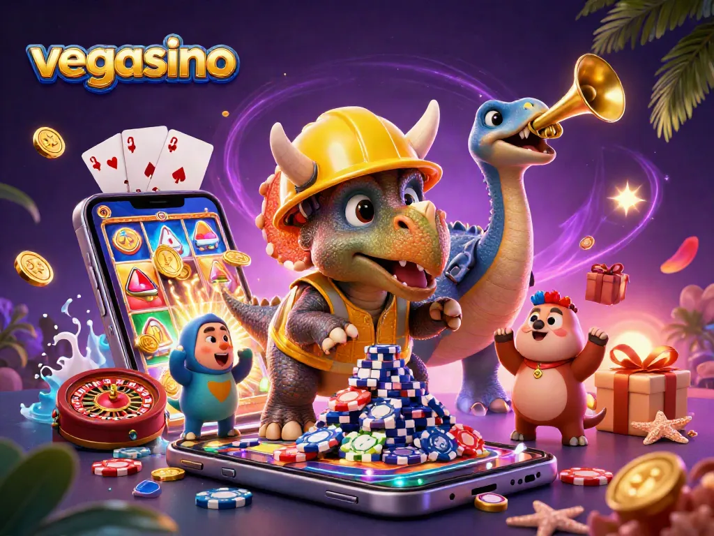 Engage with vegasino's thrilling gameplay as cartoon dinosaurs celebrate casino wins amid festive themes.