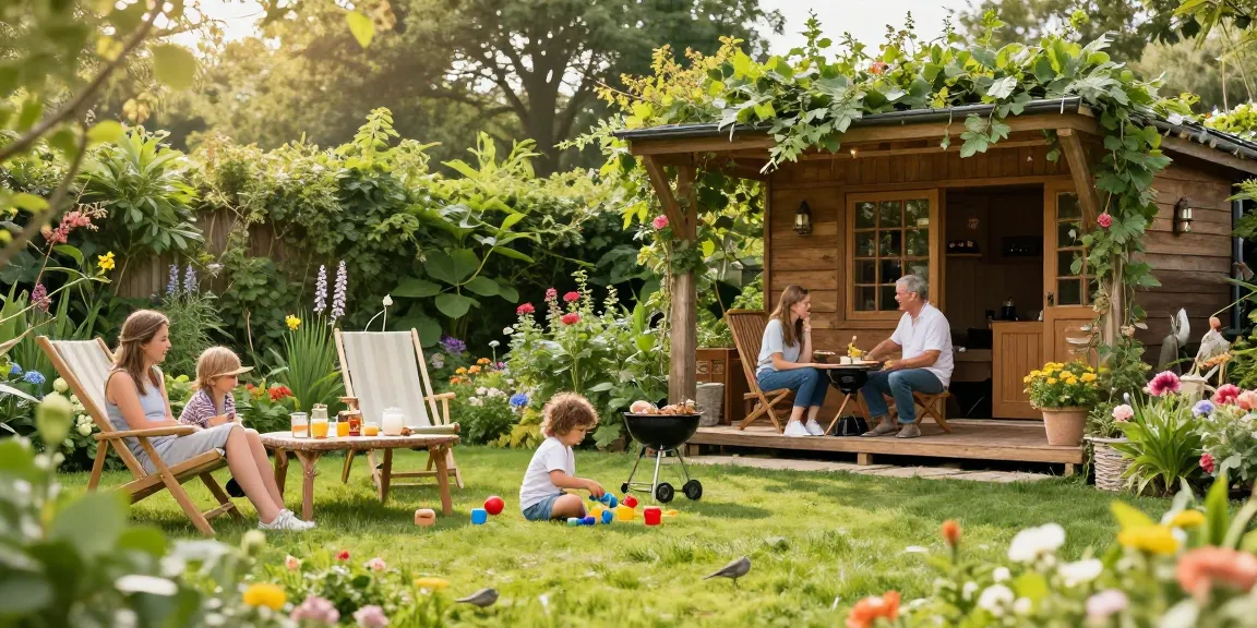 Gartenhaus kaufen für entspannte Familienmomente im Garten mit Kindern und Grill.
