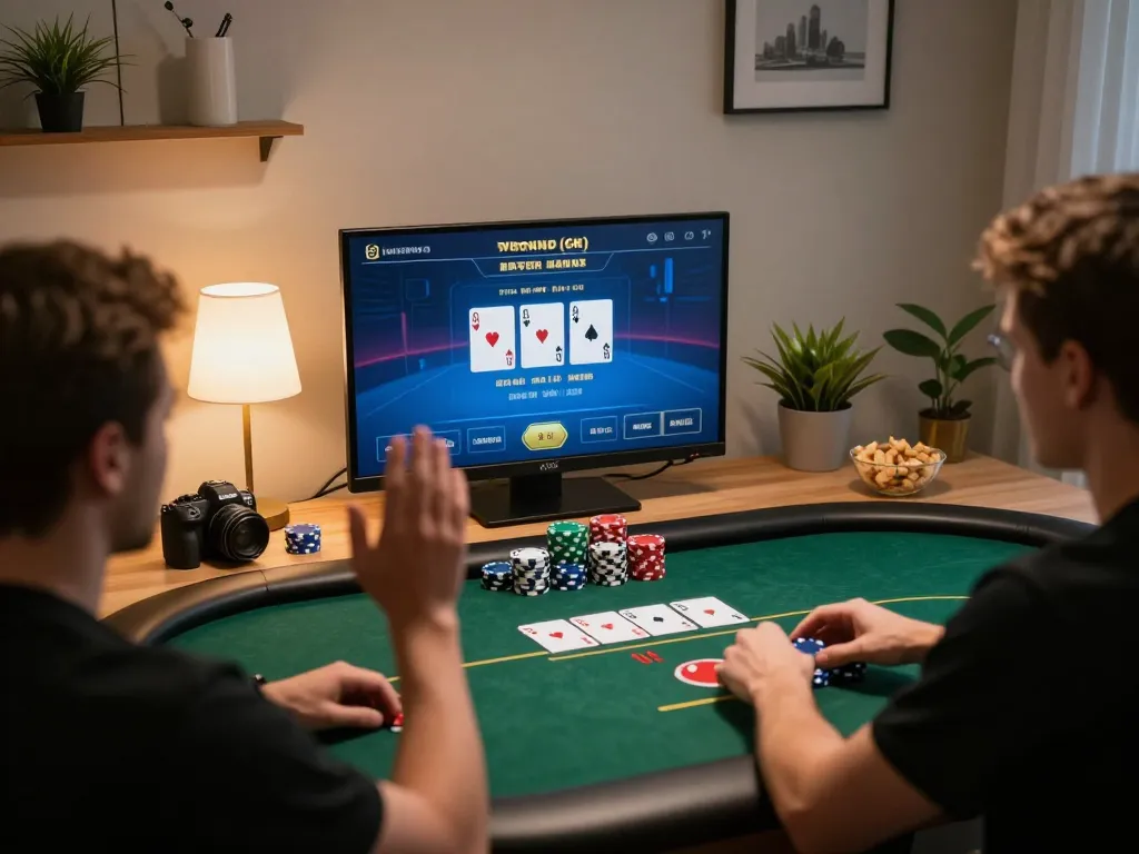 RR88 players strategizing during an online poker game in a cozy home setting.