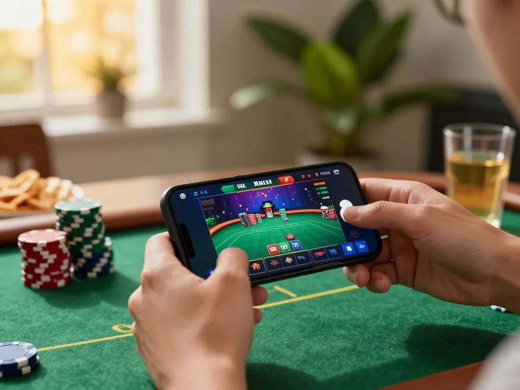 KJC mobile gaming session showing exciting poker gameplay on smartphone, dynamic atmosphere filled with snacks and home comforts.
