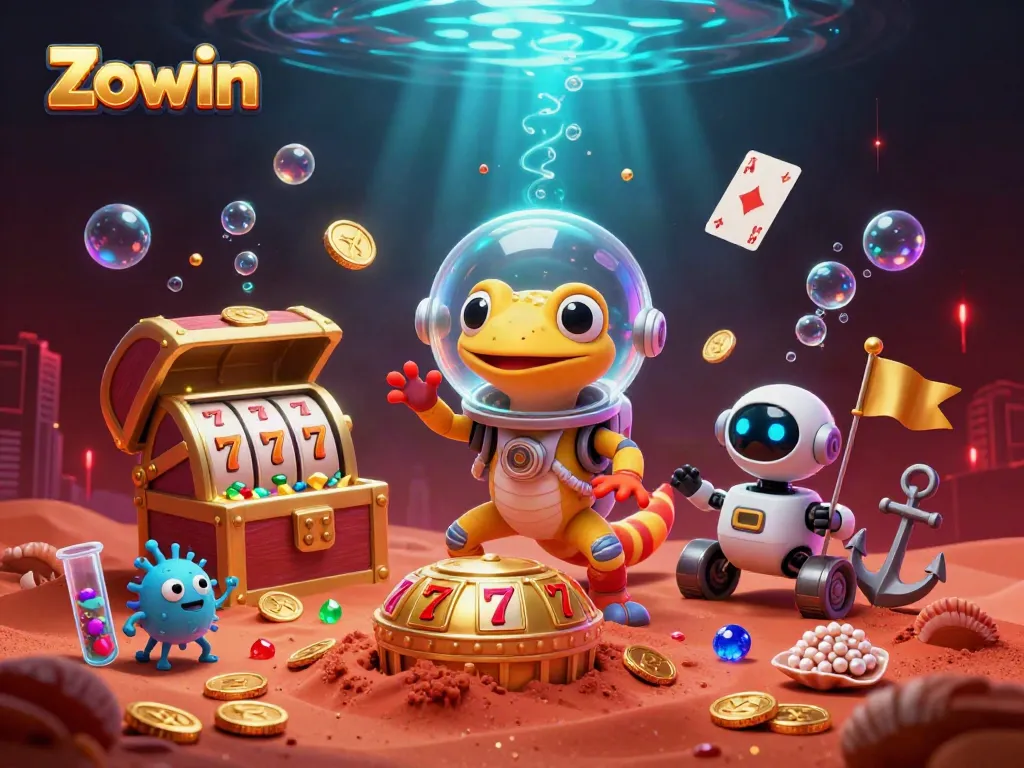 Zowin presents a 3D Martian gecko in a retro space suit discovering a golden casino with slot reels and treasure.