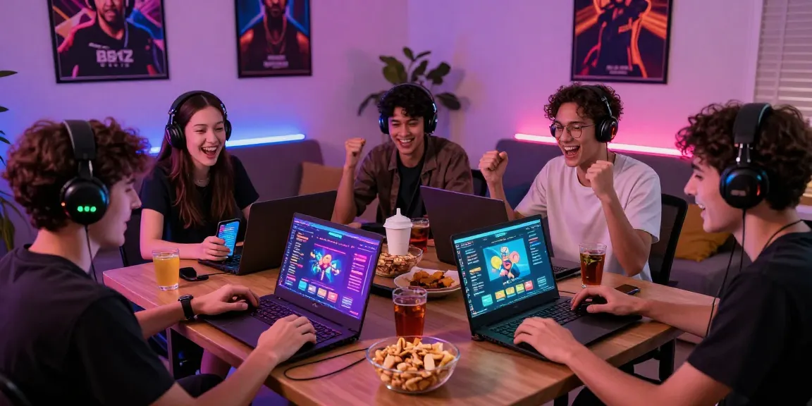 Friends enjoying a gaming session at https://b52club.radio.fm/ with colorful game interfaces and vibrant atmosphere.