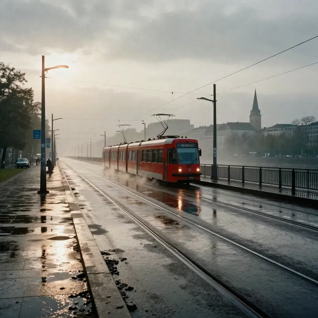 Roter Tramwagen auf nassen Gleisen im Morgennebel, Leipziger Kirchtürme im Hintergrund.