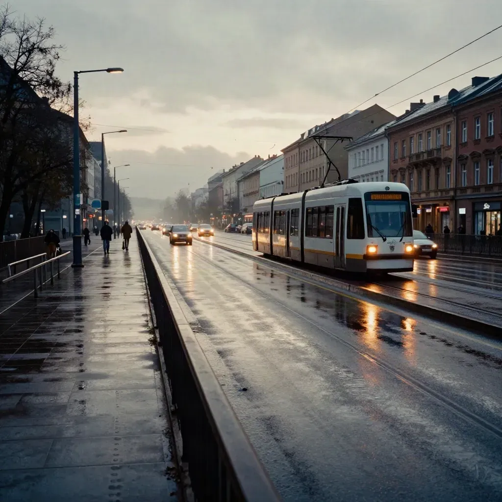 Dämmernder Leipziger Straßenblick mit Tramdrähten, Radstreifen und nasser Fahrbahn im Morgennebel.