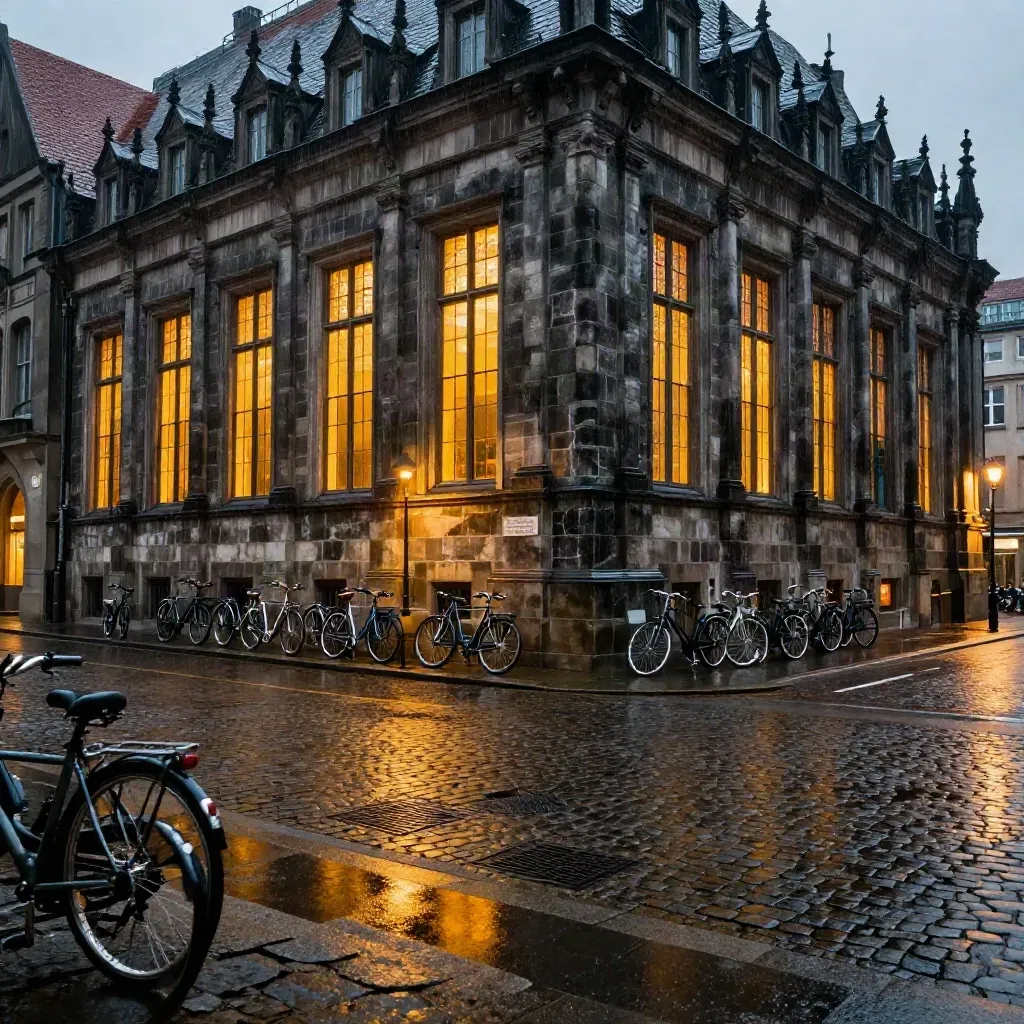 Neues Rathaus Leipzig bei Regen, beleuchtete Ratssäle und Fahrräder am nassen Platz