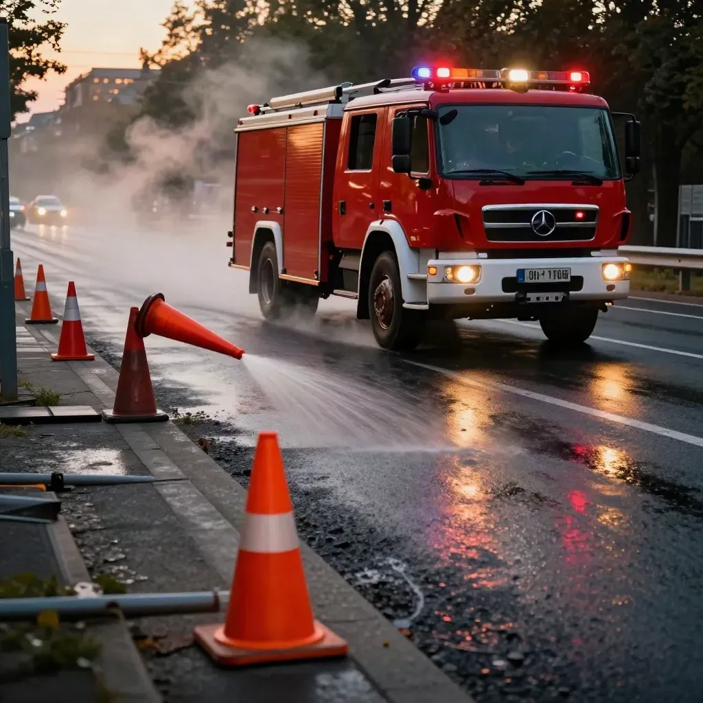 Feuerwehrwagen biegt durch nasse Leipziger Kreuzung, Kegel, Absperrungen und Dampf im Schein.
