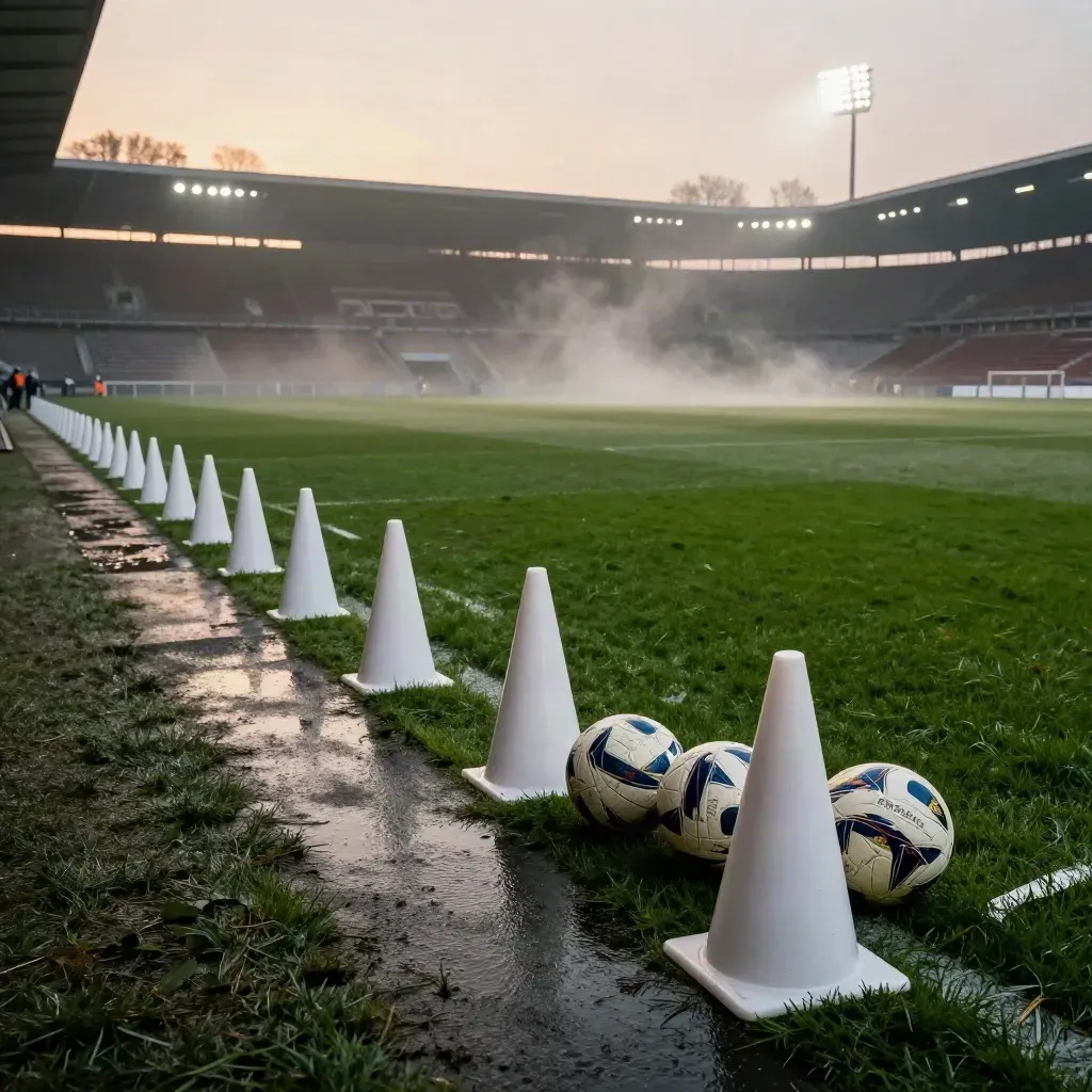 Leerer Leipziger Fußballplatz bei Flutlicht, nasse Rasenfläche, Hütchen und Bälle im Sprühnebel.