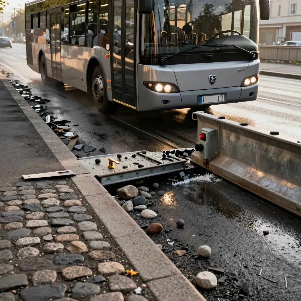 Ersatzbus passiert eine Leipziger Baustelle an Gleisen im goldenen Abendlicht.