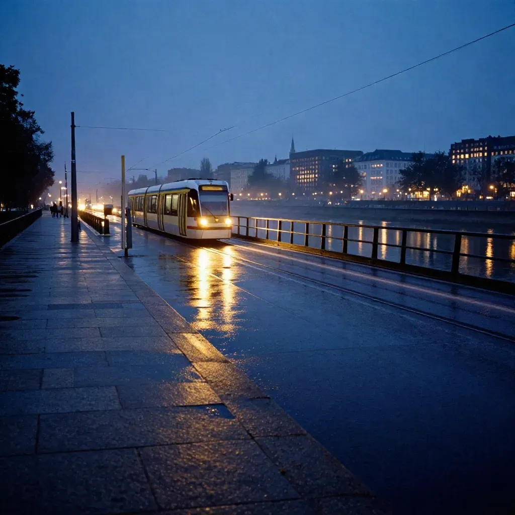 Leipziger Ufer mit Tramlichtern, nasser Brüstung und abendlicher Skyline im Dunst.