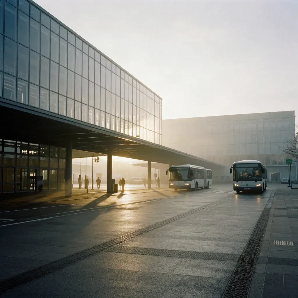 Messehallen und Fußgängerbrücke im Morgennebel mit Bussen und Glasreflexen