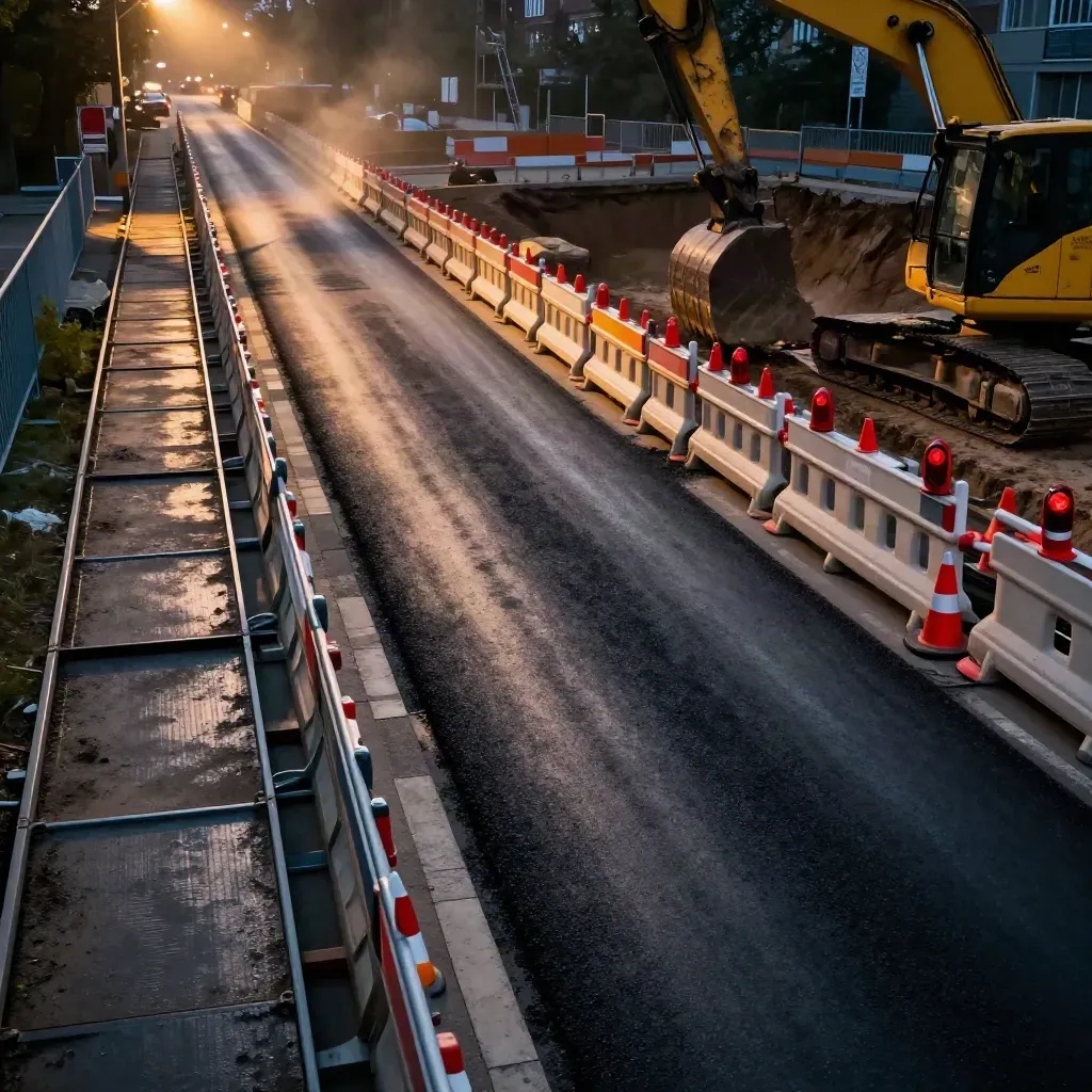 Leipziger Baustelle bei Nacht mit Absperrungen, Kegeln, frischem Asphalt und Baggerarm
